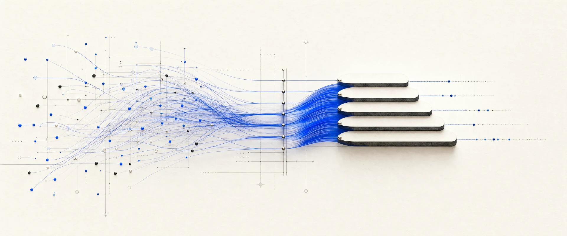 Blue signal paths converging through a measurement grid into five ordered index bars.