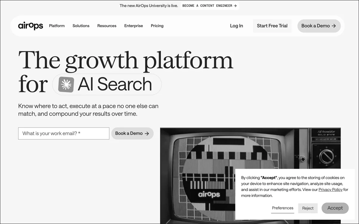 AirOps homepage showing its AI search visibility dashboard with the Opportunities Engine and Grid workflow panel