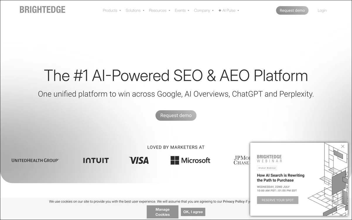 BrightEdge AI Catalyst product page showing AI-search tracking inside the BrightEdge platform