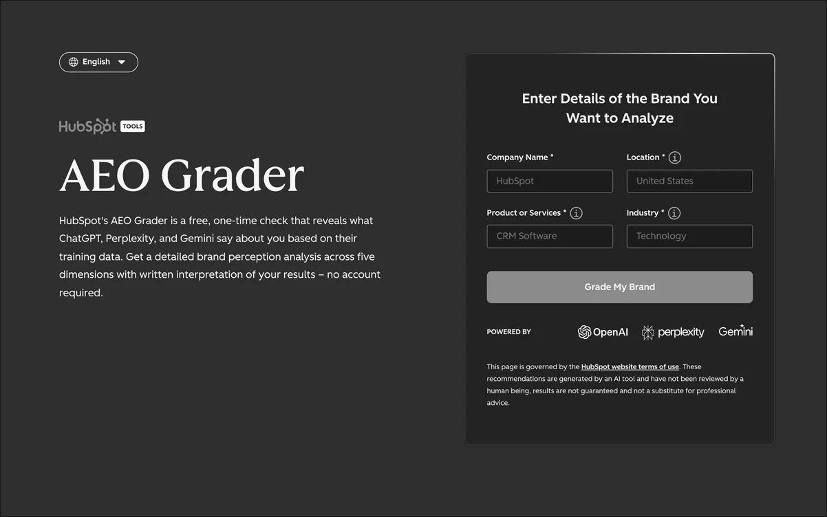 HubSpot AEO Grader report showing a brand visibility audit with sentiment and competitive insight sections