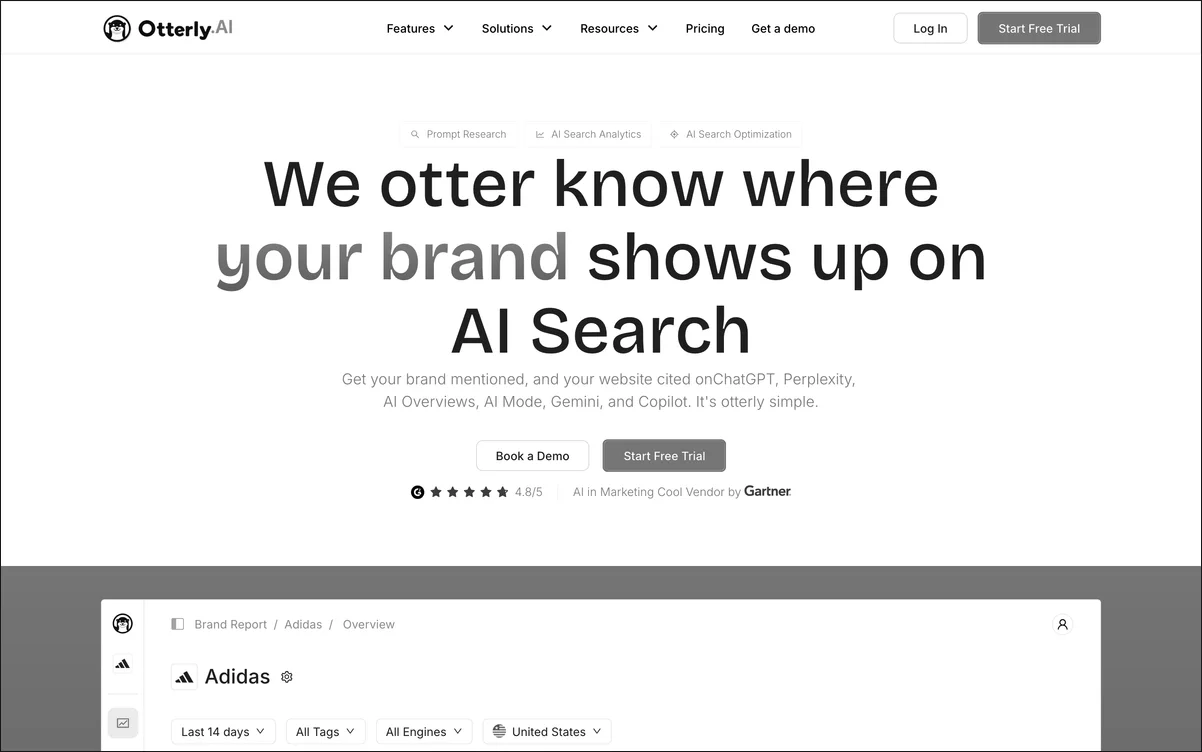 Otterly.AI homepage showing the AI search monitoring dashboard and brand citation tracking panel