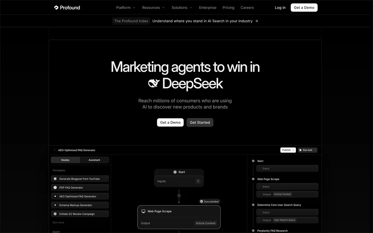 The Profound homepage showing its AI search visibility dashboard with citation and answer engine analytics