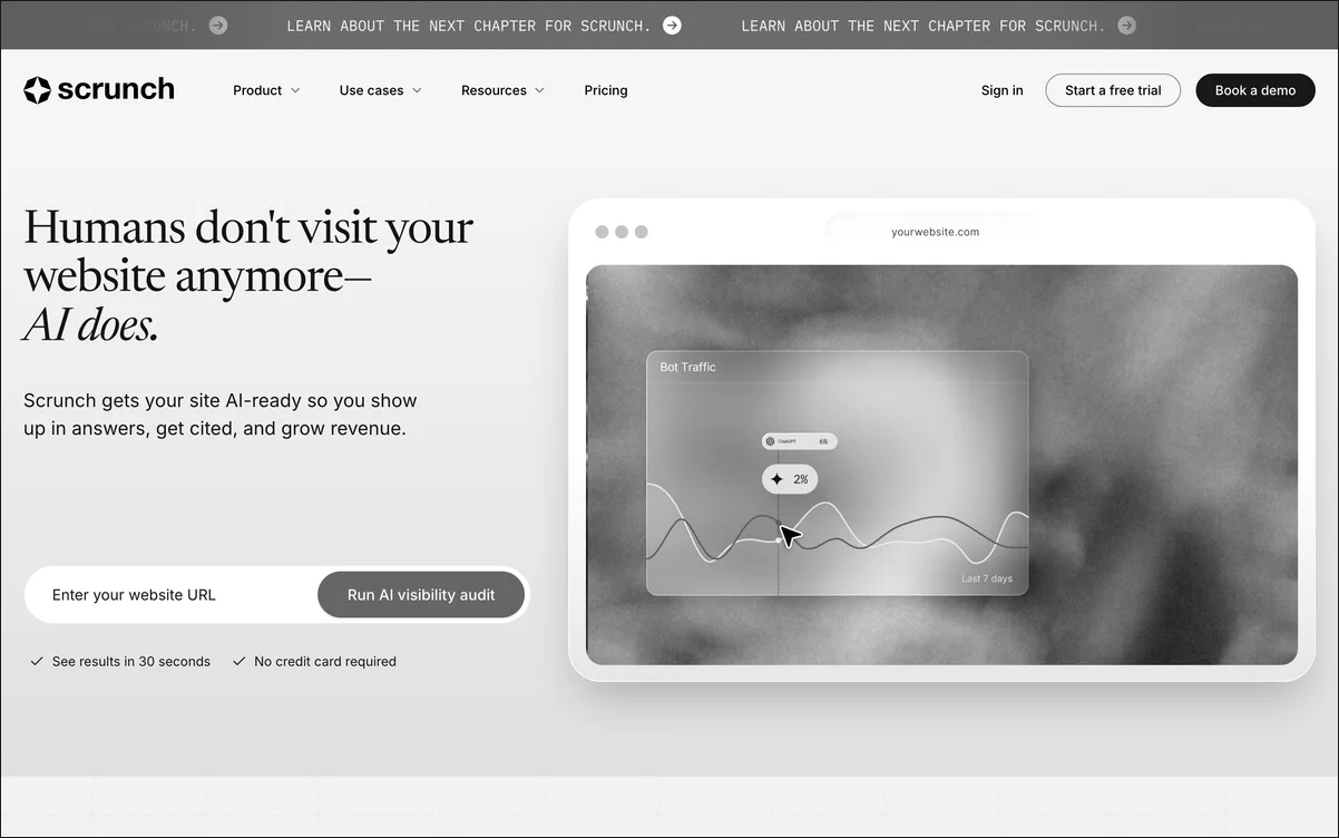 Scrunch AI homepage promoting its Agent Experience Platform for serving AI-optimized content to LLM crawlers