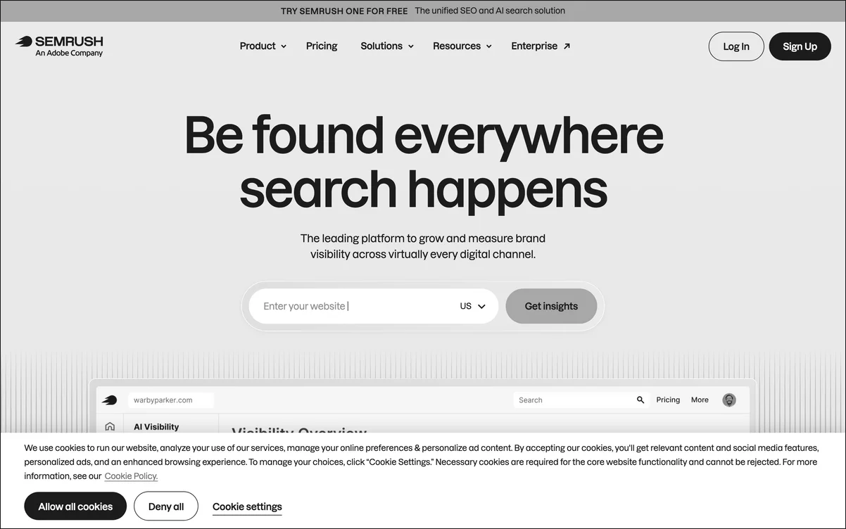 Semrush homepage showing the AI Visibility Toolkit dashboard with brand tracking across AI engines